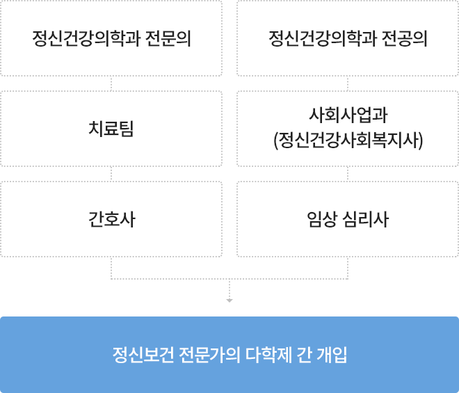 정신건강의학과 전문의, 정신건강의학과 전공의, 치료팀, 사회사업과(정신보건사회복지사), 임상심리사, 간호사 = 정신보건 전문가의 다학제 간 개입