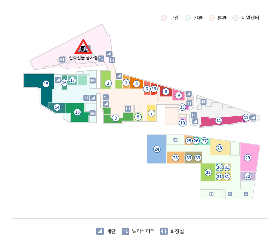 2F 구관, 신관, 본관, 지원센터, 계단, 엘리베이터, 화장실, 1. 접수/수납, 2. CT실, 3. 내분비내과, 4. 신경외과, 5. 정형외과, 6. 호흡기내과, 7. 흉부외과,
8. 외과, 9. 뇌파검사실, 10. 체외충격파쇄석실, 11. 신장내과, 12. 이식상담실, 13. 내시경실, 14. 소화기내과, 15. 기능검사센터, 16. 심장초음파실, 17. 심장내과, 18. 정신건강의학과, 19. 임상심리실, 20. 심리검사실, 21. 사회사업과, 22. 낮병원 / 재발방지클리닉, 23.외래채혈실2