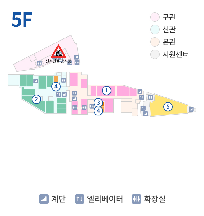 5F 구관, 신관, 본관, 지원센터, 계단, 엘리베이터, 화장실, 1. 51병동 (501~514호), 2. 52병동 (531~541호), 3. 세면장, 4. 남여샤워실, 5. 간호부, 6. 복막투석실, 7. 보험과, 8. 신경외과의국, 9. 정신건강의학과 의국, 10. 관리부