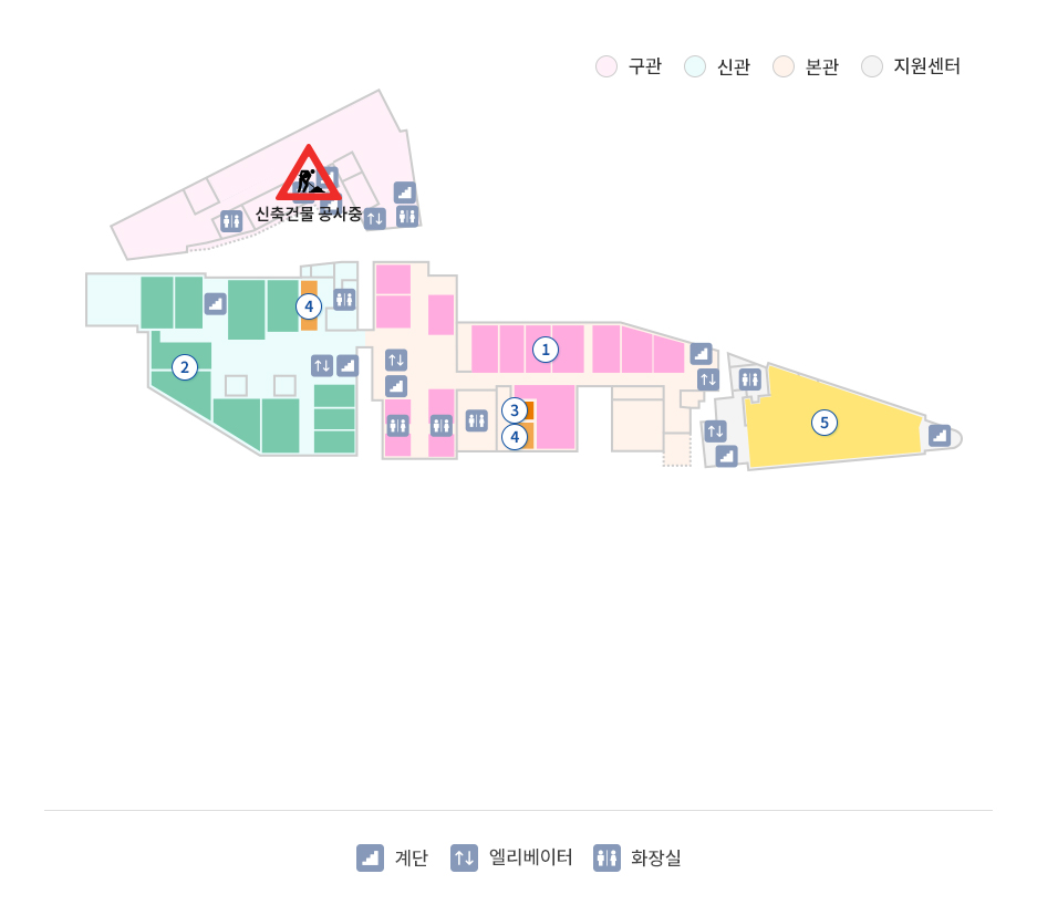 5F 구관, 신관, 본관, 지원센터, 계단, 엘리베이터, 화장실, 1. 51병동 (501~514호), 2. 52병동 (531~541호), 3. 세면장, 4. 남여샤워실, 5. 간호부, 6. 복막투석실, 7. 보험과, 8. 신경외과의국, 9. 정신건강의학과 의국, 10. 관리부