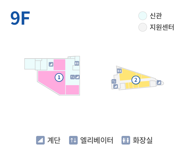 9F 신관, 지원센터, 계단, 엘리베이터, 화장실, 1. 931~938호, 2. 진단검사의학과