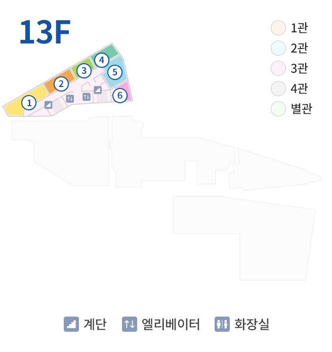 13F 1관, 2관, 3관, 4관, 별관, 계단, 엘리베이터, 화장실, 1. 보험심사실, 2. 감염과, 3. 도서실, 4. QI실/보건관리자실, 5. 간호부교육실, 6. 간호부장실
