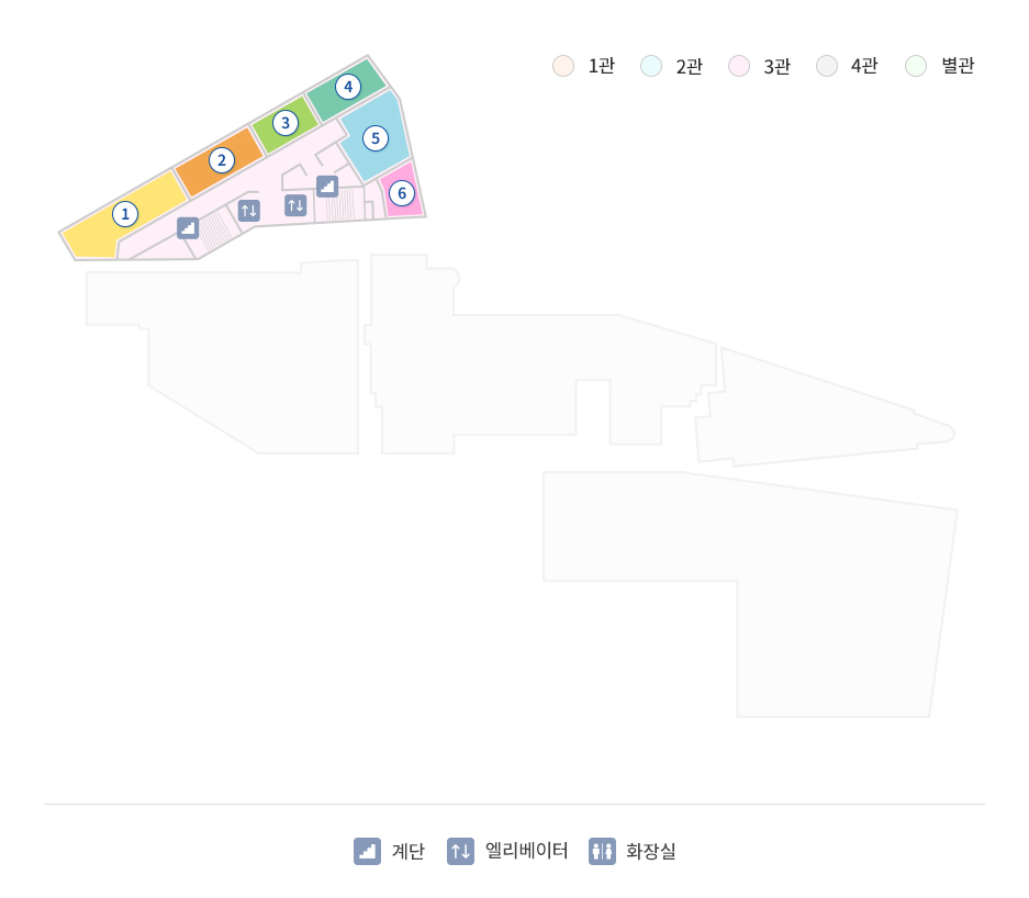13F 1관, 2관, 3관, 4관, 별관, 계단, 엘리베이터, 화장실, 1. 보험심사실, 2. 감염과, 3. 도서실, 4. QI실/보건관리자실, 5. 간호부교육실, 6. 간호부장실