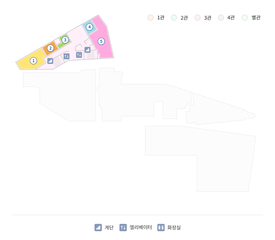 14F 1관, 2관, 3관, 4관, 별관, 계단, 엘리베이터, 화장실, 1. 재무부, 2. 총괄이사실, 3. 명예이사실, 4. IRB실, 5. 관리부