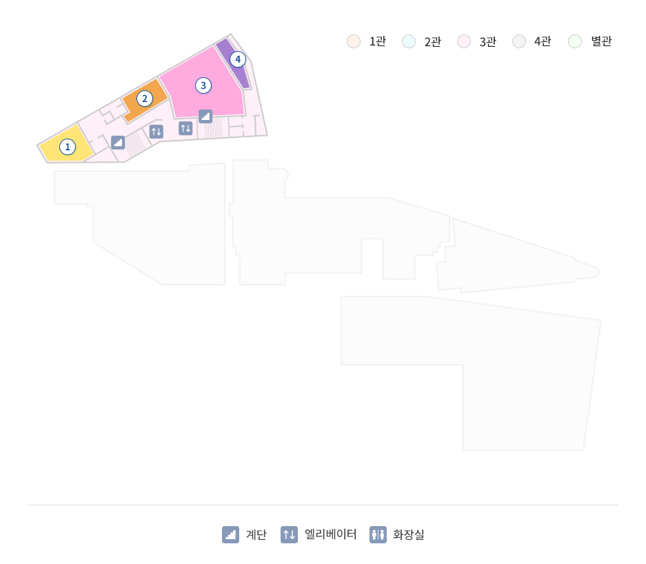 15F 1관, 2관, 3관, 4관, 별관, 계단, 엘리베이터, 화장실, 1. 이사장실, 2. 행정원장실, 3. 정의화홀, 4. 무대